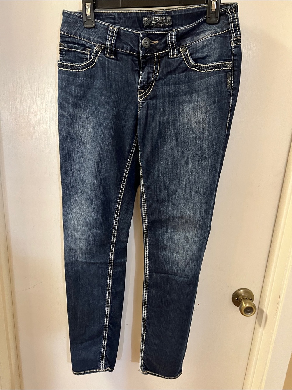 Silver Jeans Dark Blue Skinny Jeans with White Contrast Stitching